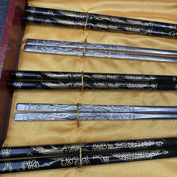 Vintage Chinese Chopsticks Set 5 Pairs w/ Duck Holders Wood & Metal Gift Box - Picture 3 of 9